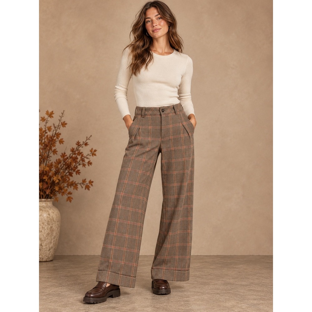 Free People Brown Orange Plaid Wide Leg Cuffed Trousers Pants Size 10 Cotton